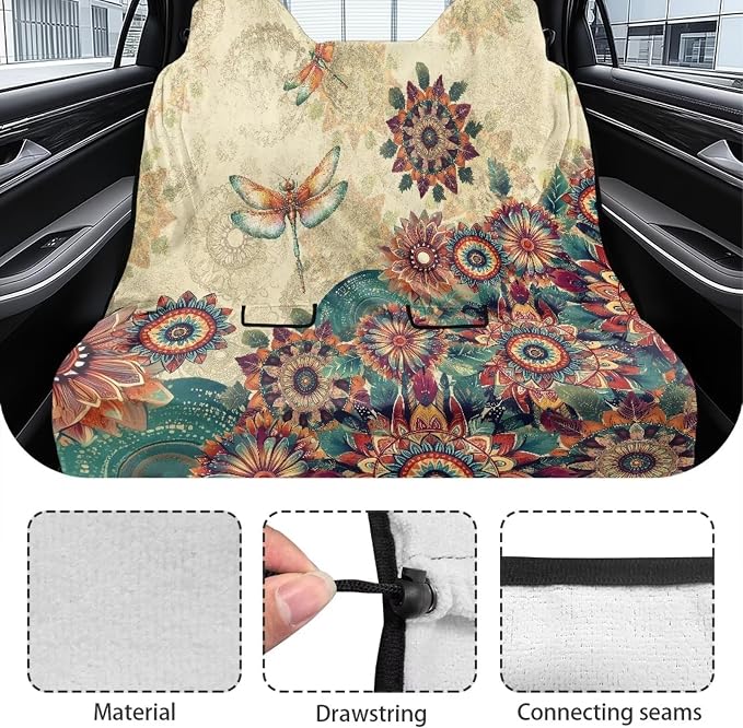 Renewold Car Back Seat Cover, Rear Bench Seat Towel Cover, for Truck SUV Van Sedan, Boho Flower Dragonfly, Towel Blanket After Gym Yoga Hiking, Car Accessories for Women Men, Picnic Blanket