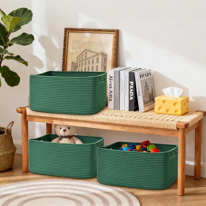 4 Pack Large Storage Basket for Organizing, 17.5"x13"x7" Woven Basket for Shelves, Closet Cube Storage Bins with Wrapped Handle, Cotton Rope Baskets for Kitchen, Clothes, Toys(Green)