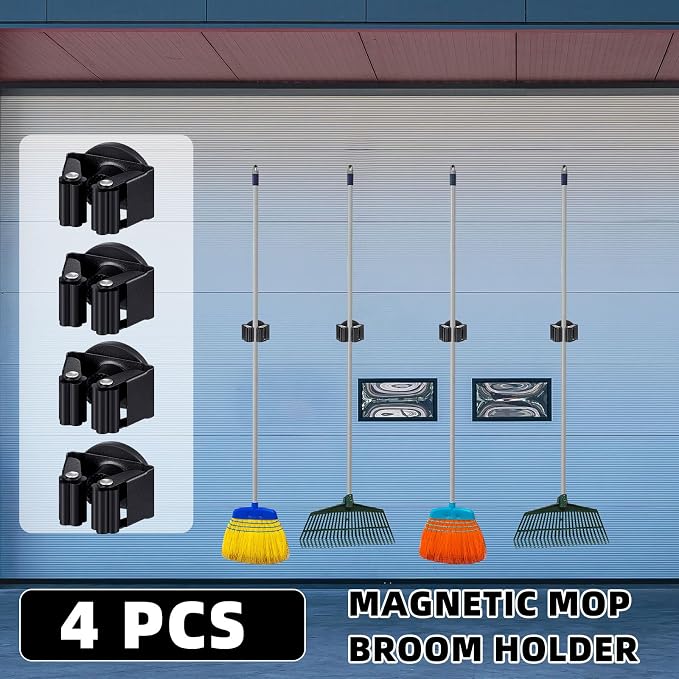 Vercraft 4 Pcs Magnetic Broom Holder Wall Mounted Anti Slip Rack,Black | Movable Magnetic Organizer for Mops Brooms, Dual Roller Grip, Wall Storage for Garage Kitchen Laundry Garden Tools
