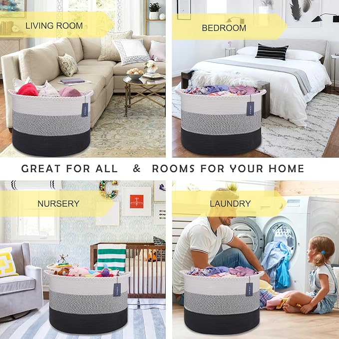 COMSE XXXLarge Woven Blanket & Laundry Basket, 87L, White &Gray &Black | 21.7"x 13.8", Cotton Rope, Nursery Hamper for Storage of Toys, Clothes & Towels, Ideal for Living Rooms, Bedrooms & Bathrooms