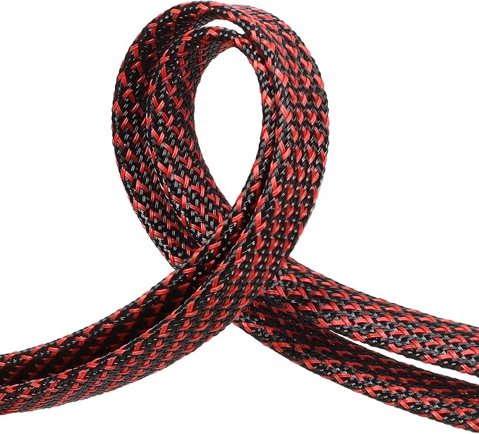 Braided Cable Sleeve 33ft, PET Expandable Wire Loom for Automotive Wiring Harness & PC Computer Case, Audio Video Cable Management System (Red~Black, 10mm (3/8"))
