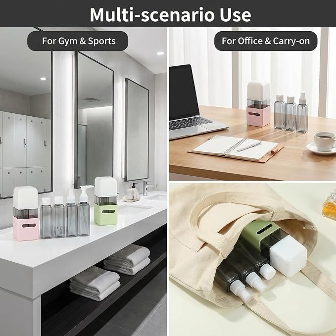 4 in 1 Travel Dispenser Bottle Refillable 4 in 1 Travel Dispenser 60ml Travel Bottles Leakproof Travel Size Containers for Toiletries Shampoo Lotion Green