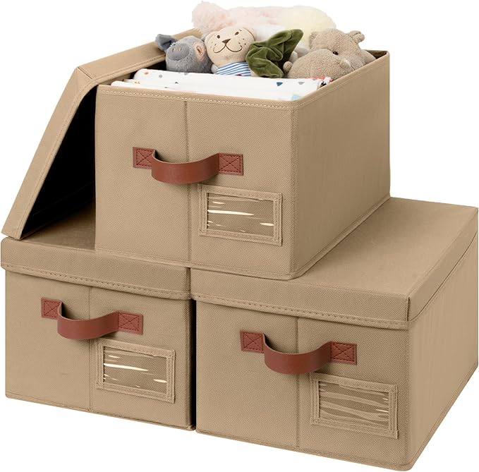 GRANNY SAYS Storage Bins with Lids, Decorative Storage Boxes with Lids | Storage Box with Dust Cover, Handles & Lable, Collapsible, Ideal for Closet Clothes Blanket Toys, Medium, Brown, 3-Pack