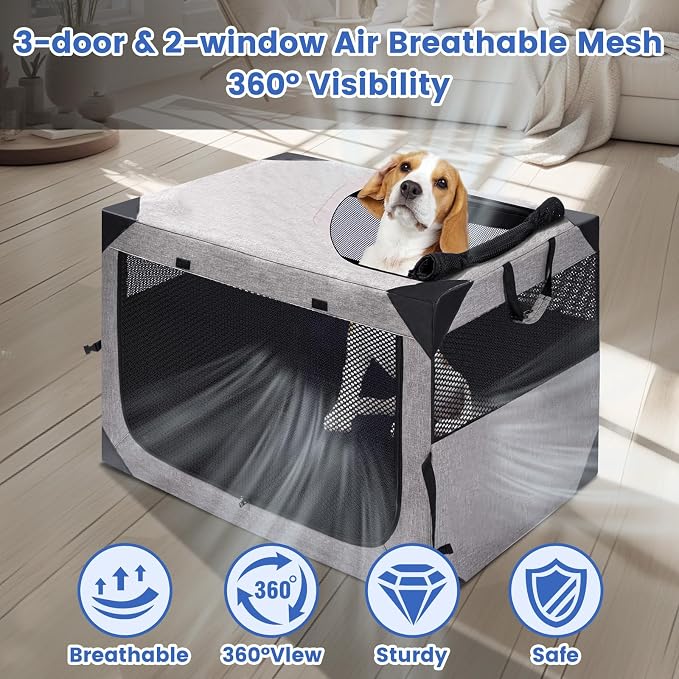Dog Crate,36x25x25 Inch Large Dog Crate for Large or Medium Dogs, Portable and Foldable Design of Dog Cage, Perfect for Travel or Home Use, Dog Kennel with 2-Door and Durable Mesh Windows, Light Grey