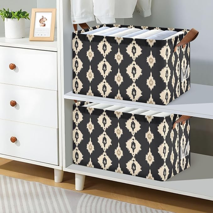 Ikat Black and Beige Abstract Storage Bins for Shelves with Labels&Handles Fabric Organizer Bin Foldable Rectangle Storage Basket Boxes for Closet, Bathroom, Home, Living Room, 2 Pack