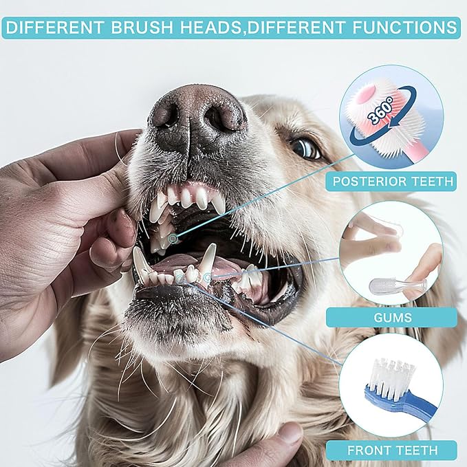 Dog Toothbrush, 360 Degree Finger Toothbrushes, Triple Head Toothbrushes, Double Head Toothbrush,Cleaning Brushes for Dog Cat Oral Dental Health (Blue, L)