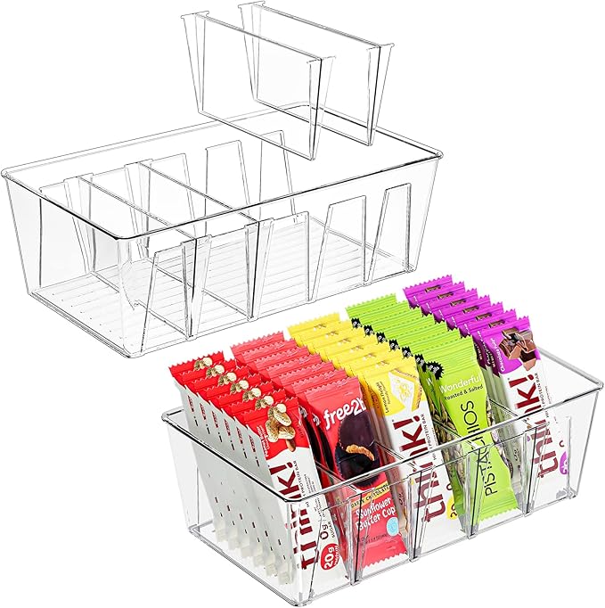 Puricon 2 Pack Pantry Organization and Storage Bins for Kitchen Fridge | Stackable Clear Plastic Storage Racks with Removable Dividers for Countertop Cabinet, 5 Compartments for Snacks Packet Spices