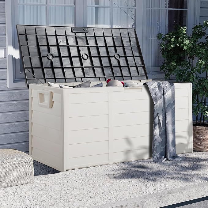 75 Gallon Outdoor Storage Box with Wheels, Waterproof Resin Deck Box for Patio Cushions & Garden Tools, Rolling Garden Storage Bin, Weather Resistant Trunk