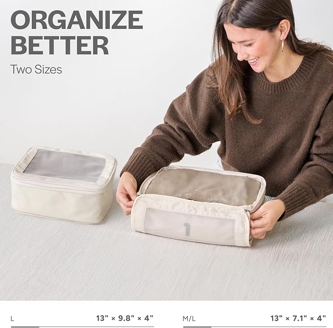 Compression Packing Cubes for Travel, 2-Pack, Beige | Solves overpacking, 2-Piece set fits most carry-ons, 50% Space savings, Compression luggage organizer bags