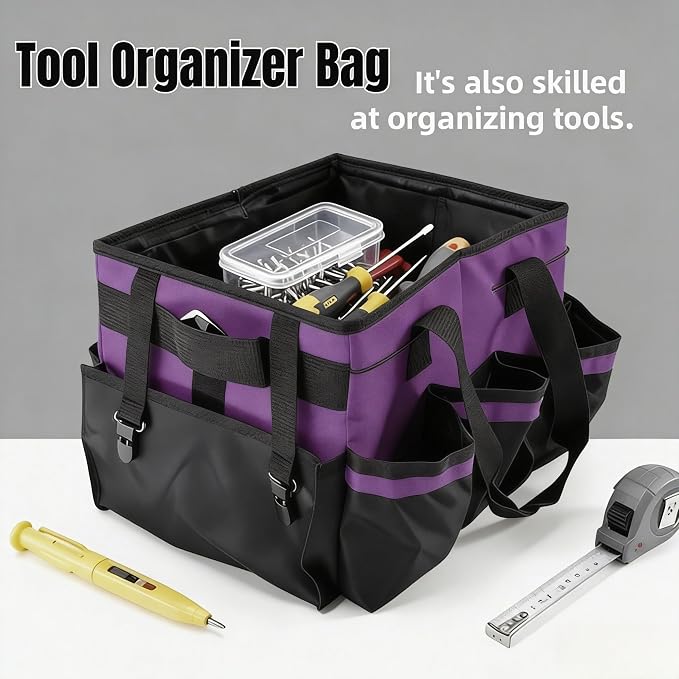 Tool Organizer Tote Bag, Pink and Black, Large Capacity with Adjustable Compartments, Portable Cleaning Storage Caddy, 14.96x10.63x9.06 Inches (Purple)