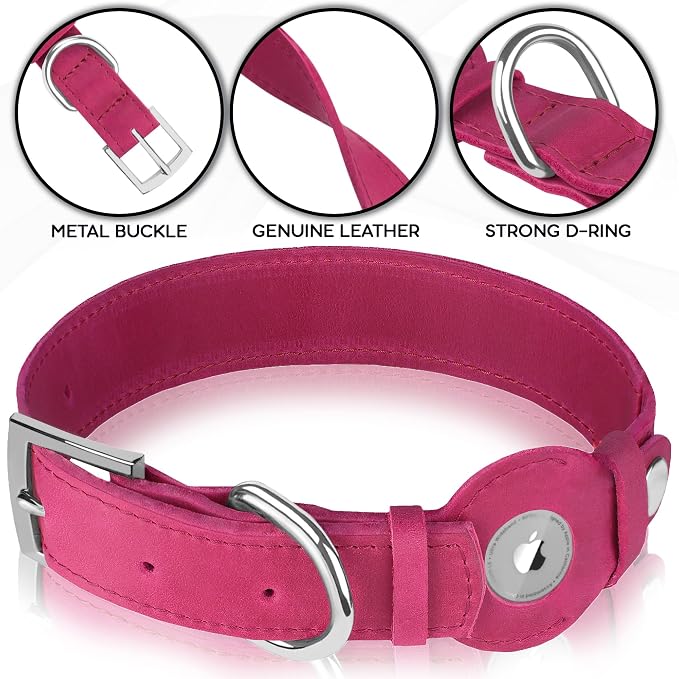Leather Dog Collar with Airtag Holder - Apple Air Tag Dog Collars - Soft Tracking GPS Pet Collar for Small Medium Large Dogs Breed Puppy (Pink, M, 12"-15" Neck Fit)