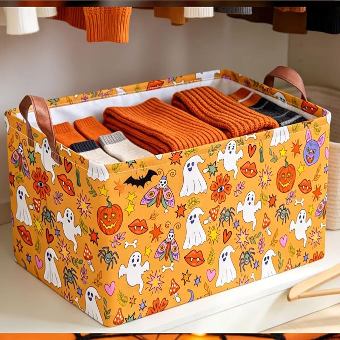NTAO Gift Storage Basket Empty for Halloween, Storage Bin with Handles, Room Decor, Book Box(Cartoon Halloween)