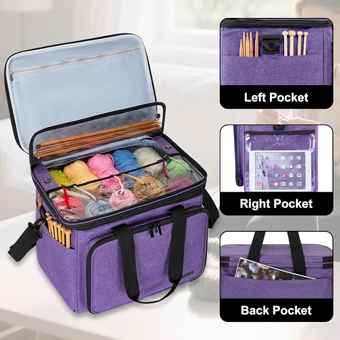 Teamoy Crochet Bag, Knitting Bag Yarn Storage Tote, Yarn Organizer, Purple | Yarn Holder for Crocheting, with Inner Divider and Cover, for Yarn Skeins, Project, Knitting Needles, and Crochet Supplies