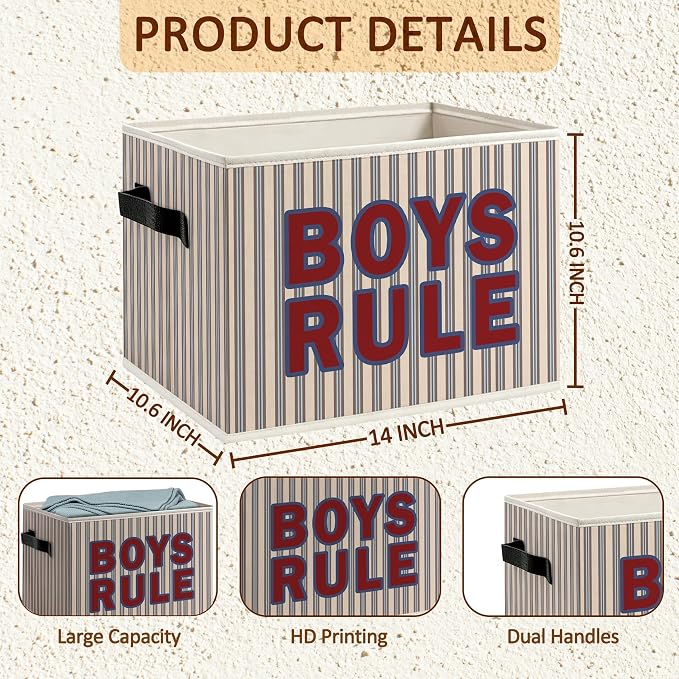 Boys Nursery Foldable Storage Bins Box with Handles, Boys Rule Trendy Retro Striped Decorative Storage Boxes Baskets Toybox Organizer for Kids Boy Nursery Toddler Room Bedroom Playroom