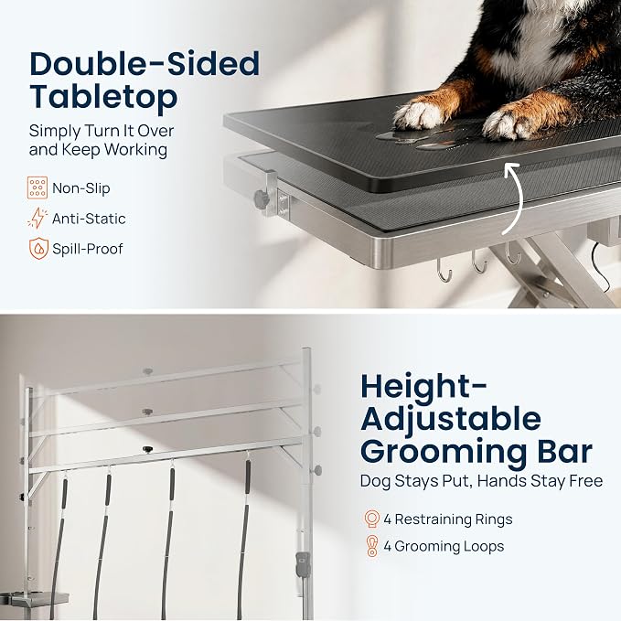 49" Professional Electric Dog Grooming Table, 304 Steel, Heavy Duty | Adjustable Table for Pet Grooming, 10-40in Quiet Lift, Grooming Arm, AC/USB Power Hub, Anti-Slip Surface, Leveling Wheels