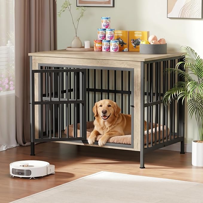 45" Dog Crate Furniture, Decorative Dog Kennels for Large Dogs, Natural | Thick wood, heavy-duty steel, 2-door escape-proof locks, waterproof scratch-resistant, extra-large, stylish, easy assembly