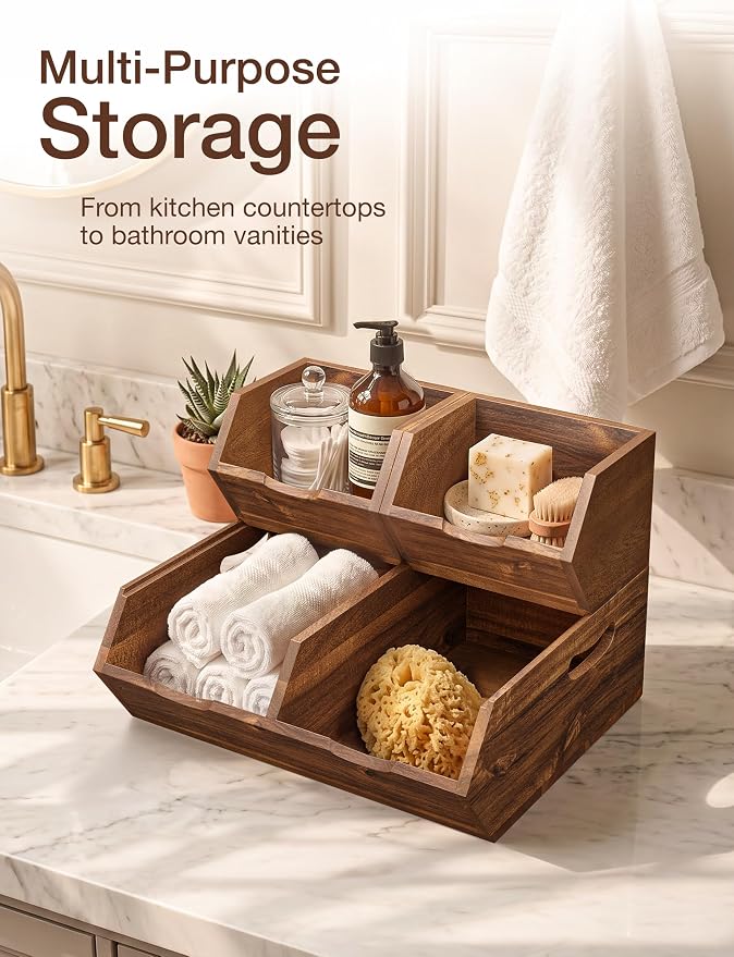 Tidita Acacia Wood Potato & Onion Storage Bin, Stackable (Patent Pending) | Walnut Finish, Solid Acacia Wood, No Assembly, 3 Stackable Bins, Integrated Handles, 50LBS Capacity, Non-Skid Pads, Multi-Use