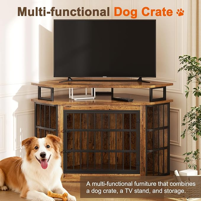 51" Corner Dog Crate Furniture Large Wooden Dog Kennel Indoor Dog House | With 2-Tier Shelves, Large Storage Space, Space-Saving Design, Multi-functional Pet House, Sturdy & Secure, Easy Assembly