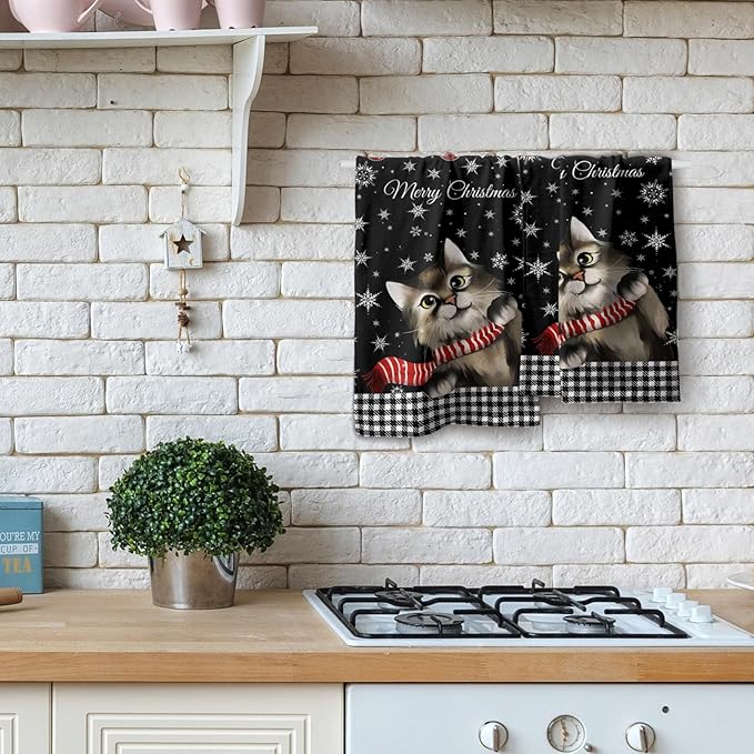 Giwawa Christmas Black Cat Hand Towels Winter Snowflake Dish Fingertip Towels Set of 2 Absorbent Face Towels for Bathroom Kitchen Gym Home Decor