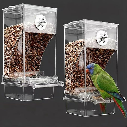 No Mess Bird Feeder for Cage, Automatic No-Spill Transparent Parrot Feeder Acrylic Cockatiel Seed Feeders with PerchParakeet Food Container Cage Accessories for Small Medium Cockatoo Finch
