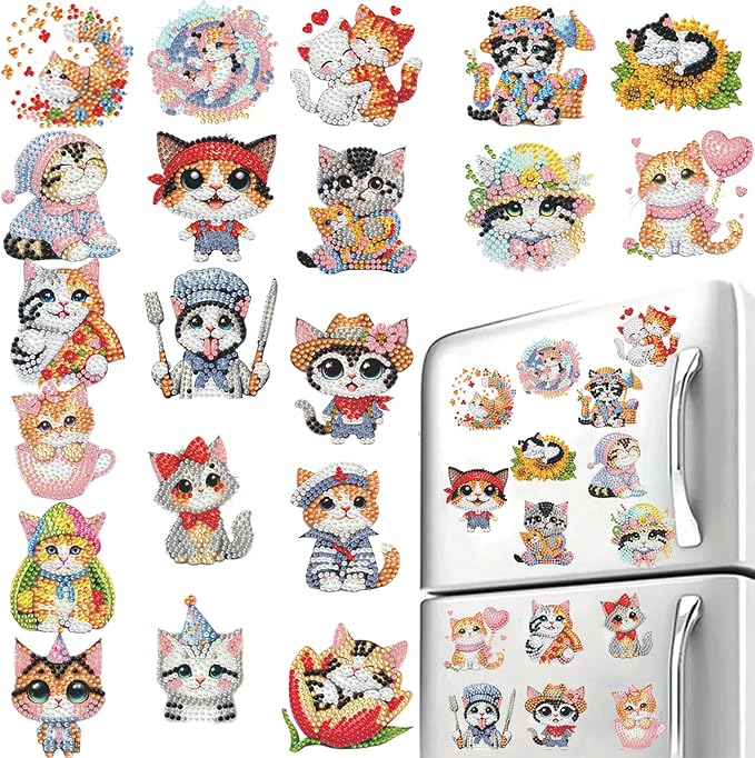 20pcs Cat 2D/Flat Acrylic DIY Diamond Painting Magnets Food DIY Art Fridge | Fridge Magnets 20 Pieces Diamond Painting Kit 2D Acrylic PET Magnetic Food Series DIY Art Home Car Decor Beginners Gift