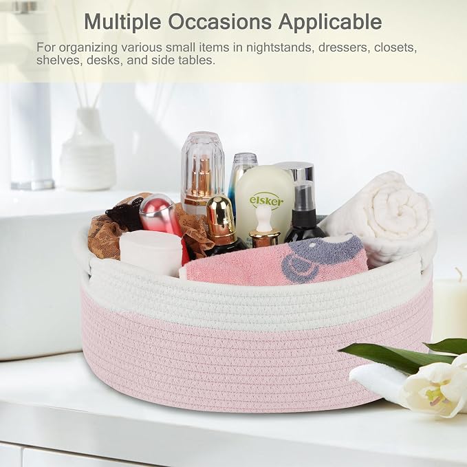 Small Woven Gift Basket with Bag & Ribbons, Light Pink | Cotton Rope, 13”x 9”x 5.5”, Fits for Kids, Women & Men, Bedroom, Living Room, Nursery & Bathroom Storage, Cat & Dog Toy Boxes