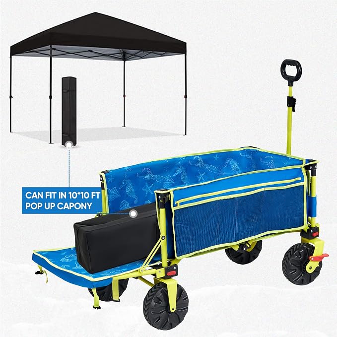 Old Bahama Bay 300lbs Extra Long 49" L Beach Wagon with Big Wheels with Brake for Sand, Collapsible Utility Beach Cart Heavy Duty Folding Wagon,Ideal for Outdoor Sand Camping Garden Pet