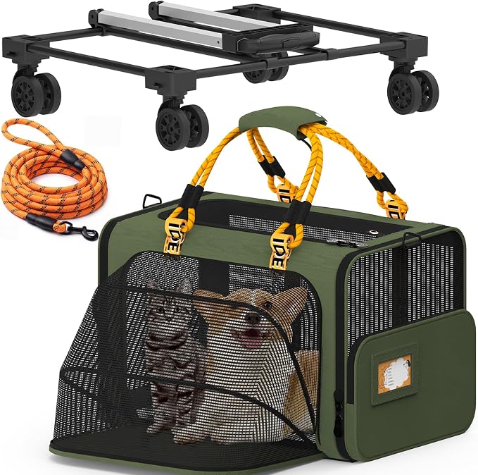 PAWZIDEA Expandable Large Pet Carrier with Wheels, 24x16x16 in Rolling Cat Carrier for 2–4 Cats up 55lb, Soft-Sided Collapsible Small Medium Dog Crate for Car Travel, Telescopic Handle, Storage Pocket