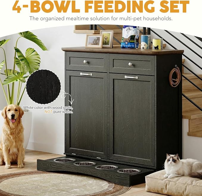 39.7’’W Dog Feeding Station, Tilt-Out Dog Food Cabinet for Multi-Pets, Pet Feeder Station with 4 Feeding Bowls, Dog & Cat Storage Organizer with Hanging Rod, (Black, Dual Doors)