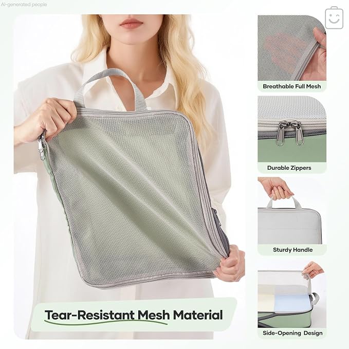 Veken 11 Set Compression Packing Cubes Garment Bags for Travel Essentials,Compressible Expandable Luggage Organizer Bags for Clothing,Space Saver Bags with Over 1000 pcs of Mesh Holes(Matcha Green)