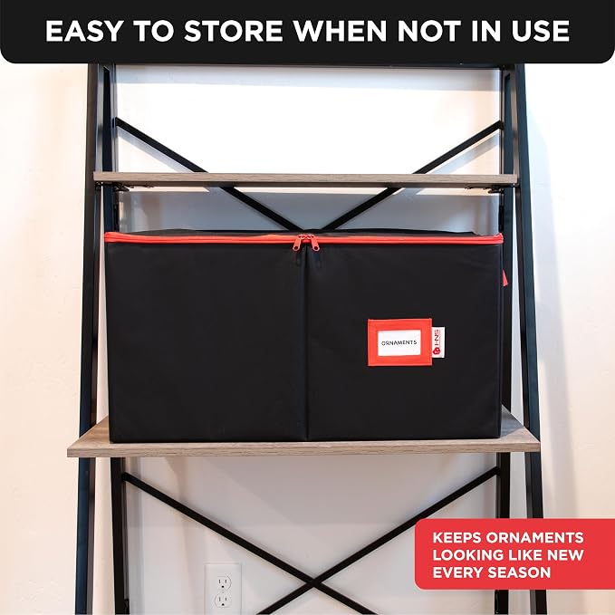 Christmas Ornament Storage Container with Dividers - Box Stores Up to 54 Ornaments, Zippered, Convenient, Adjustable, Large Organizer Bin to Protect Holiday Décor, Fits Most Standard Size, Black