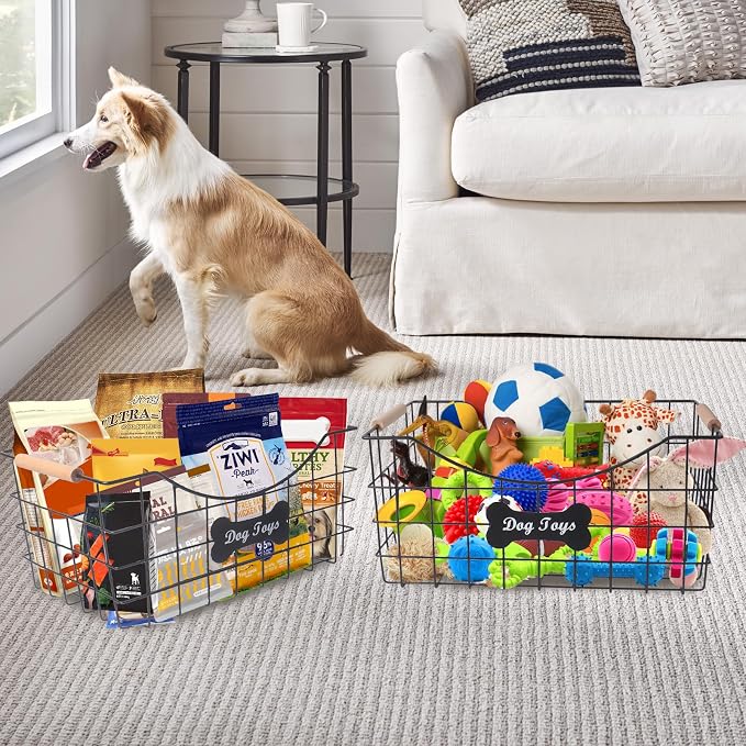 Metal Dog Toy Basket,Set of 2 Iron Wire Dog Toy Bin,Puppy Toy Box with Wooden Handle,Sturdy Dog Organizer Ideal for Leash,Blanket,Toys,Snacks,Accessories
