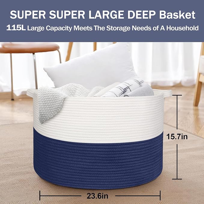 MEGASKET 115L Super Large Blanket Basket, Cotton Rope Woven Bin for Toy, Clothes, Laundry, Shoes, Toy Box for Living Room, Oversized Organizer, XXXL Jumbo Basket for Blankets, 23.6"x15.7", Navy Blue