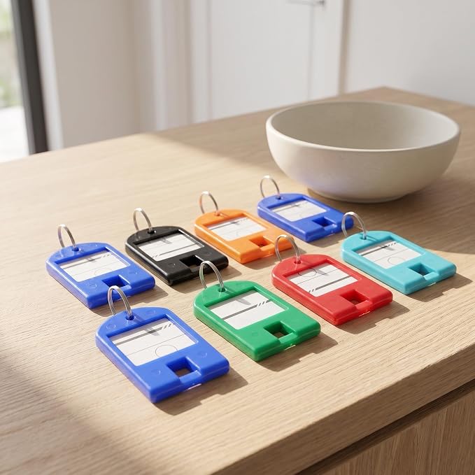 POPETPOP Plastic Key Tags Sturdy Plastic Organizers 100pcs with Split Ring and Personalizable Label, Colored Key Labels and Random Color for USB Drive and Small Luggage for Offices