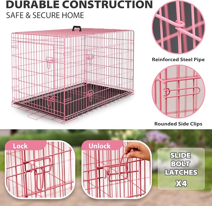 BestPet | Dog Crate | 36" | Pink | Foldable Metal Kennel with Double Doors | Secure Slide-Bolt Latches, Leakproof Tray | Portable Dog Cage for Medium Sized Breeds | for Travel, Indoor & Outdoor Use