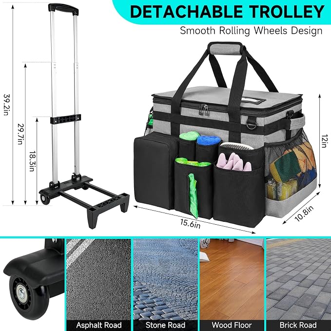 Cleaning Cadddy Bag with Rolling Cart, Large Cleaning Bag with Wheels | Cleaning Supplies Organizer with Detachable Trolley for Housekeepers, Housekeeping Cleaning Cart with Shoulder Strap & Handle