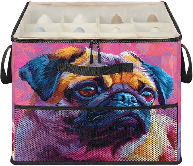 TropicalLife Funny Pug Dog Shoe Organizer for Closet | Foldable Shoe Storage Box Bin 16-32 Pair Shoe Storage for Sneakers, Boots & Heels with Adjustable Dividers, Clear Cover