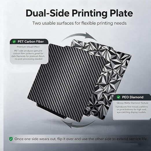 PEO PET Double-Sided Build Plate for Flashforge Creator 5/5 Pro – Dual-Texture Spring Steel Sheet with Big Diamond PEO & Carbon Fiber PET Finishes – Smooth First Layer 3D Printer Heated Bed Accessory
