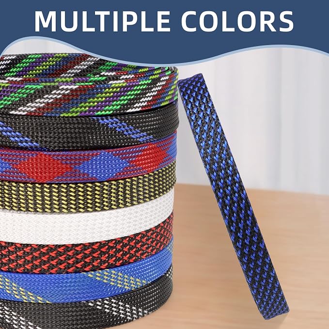 Braided Cable Sleeving, PET Expandable Braided Cable Sleeve, Flexible Mesh Sleeving Cord Management for Audio Video and Other Home Device, Cord Protector from Pets (Black Blue-2, 5/8")