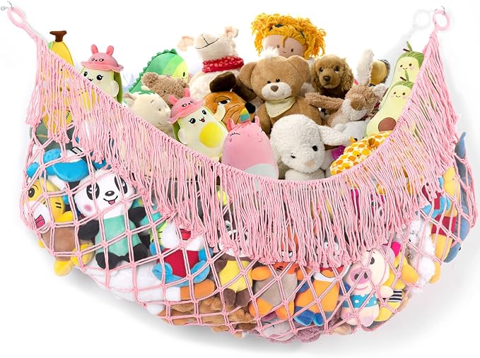Stuffed Animal Hammock - Extra Large 63'' Long (Light pink) | Premium Cotton Hand-knitted, Beautiful Long Tassel, Storage Hanging Organizer, Can Fit Stuffed Animals 40 Piece or More