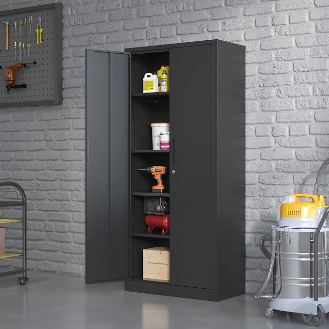 Metal Storage Cabinet for Garage, Tool Cabinet, Utility Cabinet | Tall Tool Cabinet, Lockable, 2 Doors, 4 Adjustable Shelves, Assembly Required, Black