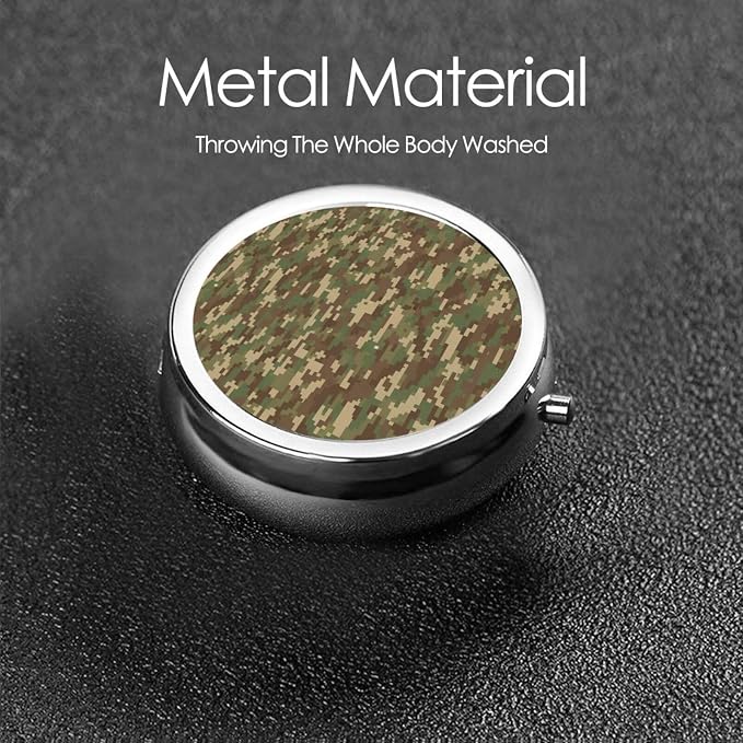 Purse Pill Organizer, Camouflage Camo Military Style Cute Round Box, Compact Case for Vitamins, Travel Dispenser Pocket Carry for Her
