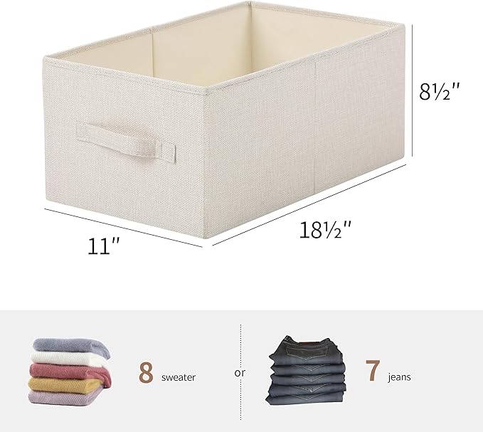 Linen Folding Storage Bins, 3 Pack Large Storage Baskets, Washable, Clothing Storage Bins with Handle, Closet Organizer for Storage Sweater,Sheets(Beige, 18½"x11 x8½)