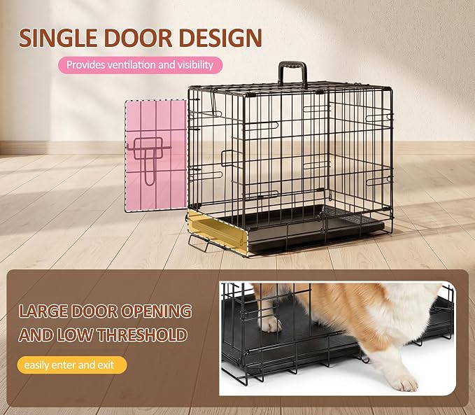 Portable Single Door Dog Crate, Durable Metal Wire Cage with Removable Tray | 24 Inch Folding Metal Wire Pet Kennel with Plastic Leak-Proof Pan, Handle for Indoor, Outdoor, Travel