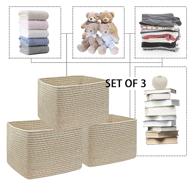 COMFY-HOMI 3PACK Cotton Rope Square Basket with Handles for Shelves| Storage|Baby Basket for GIF|Shoe Basket for Organizing|New13.5" x 11" x 9.5" for Living Room