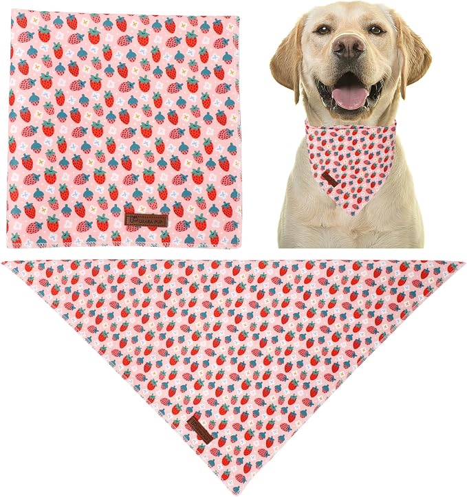 Summer Dog Bandana, UP URARA PUP Strawberry Triangle Bid Scarf for Medium Large Dogs, Cotton Kerchief for Girl Boy Puppies, Cute Spring Bandana,L