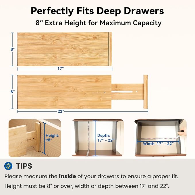 4 Pack 8" Deep Bamboo Drawer Dividers, 17-22" Expandable Kitchen Organizers | Adjustable Spring-Loaded Tension Separators with Foam Pad for Clothes, Utensils, Kitchen, Dresser, Nursery & Bathroom