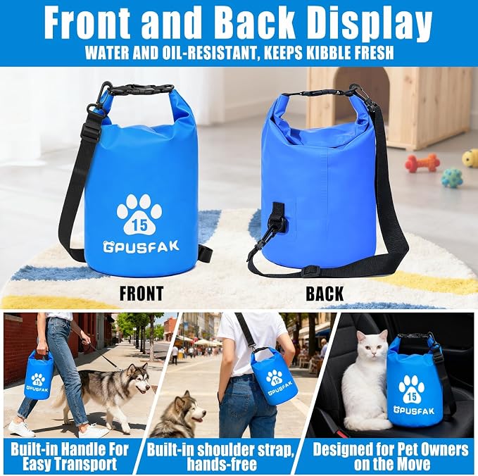 Pet Food Storage Bag with Bowl (96 Cup) - Zip Roll Top Dog Food Travel Bag Waterproof Kibble Container for Camping Road Trips Travel Dog Boarding Weekend Getaways Machine Washable 15L Blue