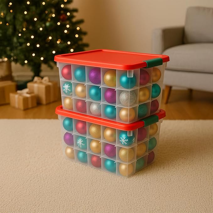 HOMZ 2-Pack Holiday Tote, Clear Plastic Storage Bins w/Lids & Dividers, 112 Quart, Red - Stackable Organizing Containers for Christmas Ornament Decorations, Gift Wraps, and Crafts