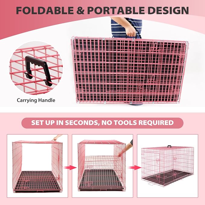 BestPet | Dog Crate | 36" | Pink | Foldable Metal Kennel with Double Doors | Secure Slide-Bolt Latches, Leakproof Tray | Portable Dog Cage for Medium Sized Breeds | for Travel, Indoor & Outdoor Use